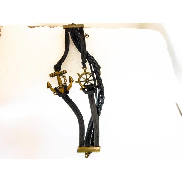 Black Corded Multi Strand Nautical Charm Bracelet 7-9 Inch  Anchor & Ship Wheel - Picture 4 of 5